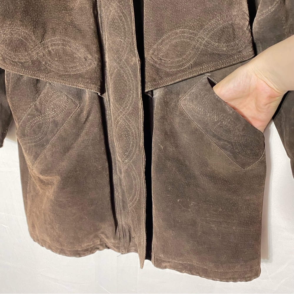 Vintage 90s Outlook Brown Suede Leather Coat With Drawstring Waist M - Picture 10 of 16
